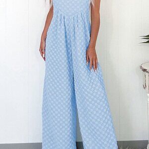 Light Blue Checkered Wide-Leg Overalls – Relaxed Fit, Adjustable Straps
